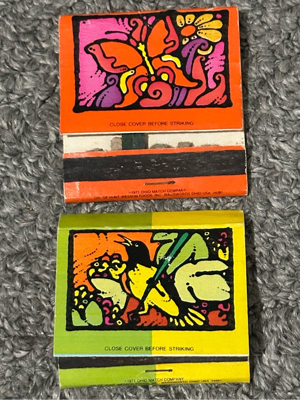 Lot of 2 Vintage Matchbook Covers 1970s Hunt Wesson Ohio Match Butterfly USED